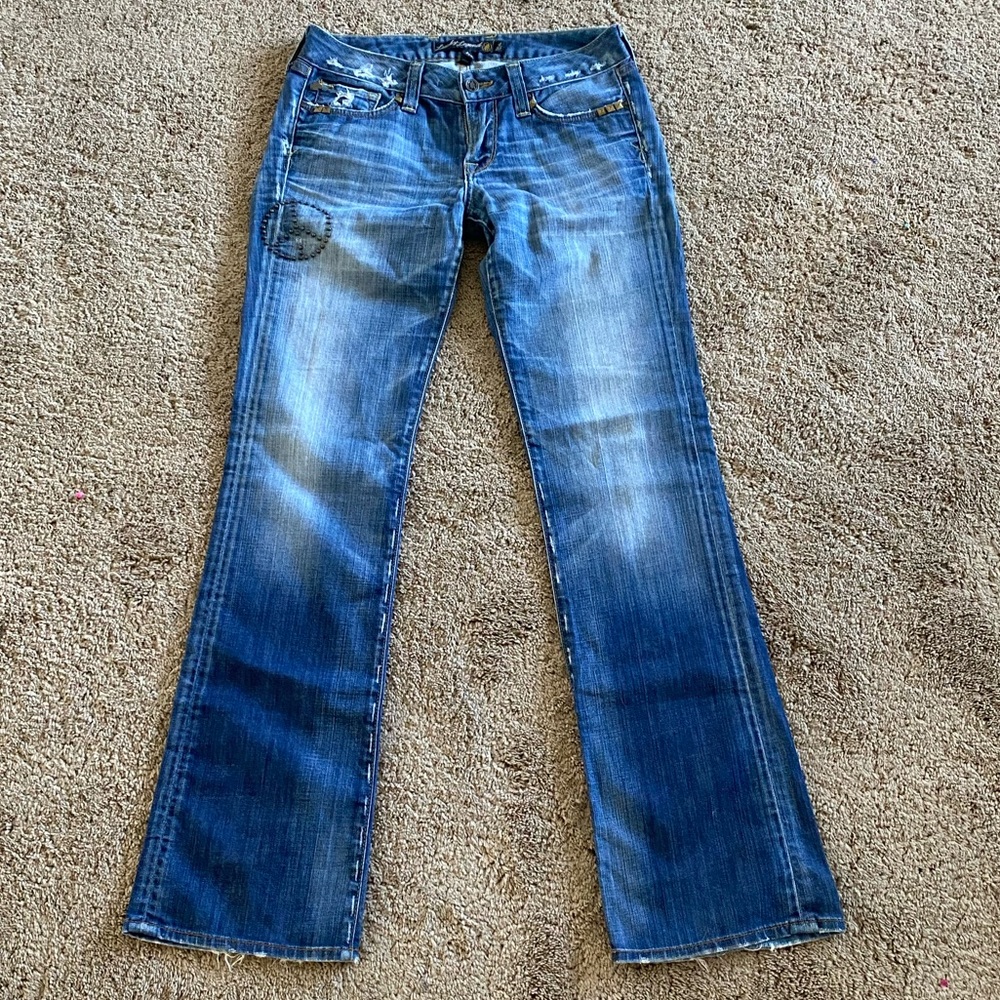 Lucky legend low rise bedazzled, distressed jeans